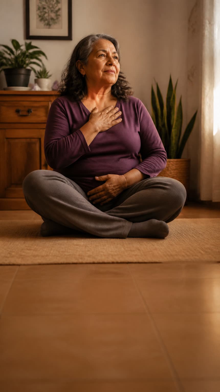 Mujer mayor sentada en su casa, con la mano en el pecho