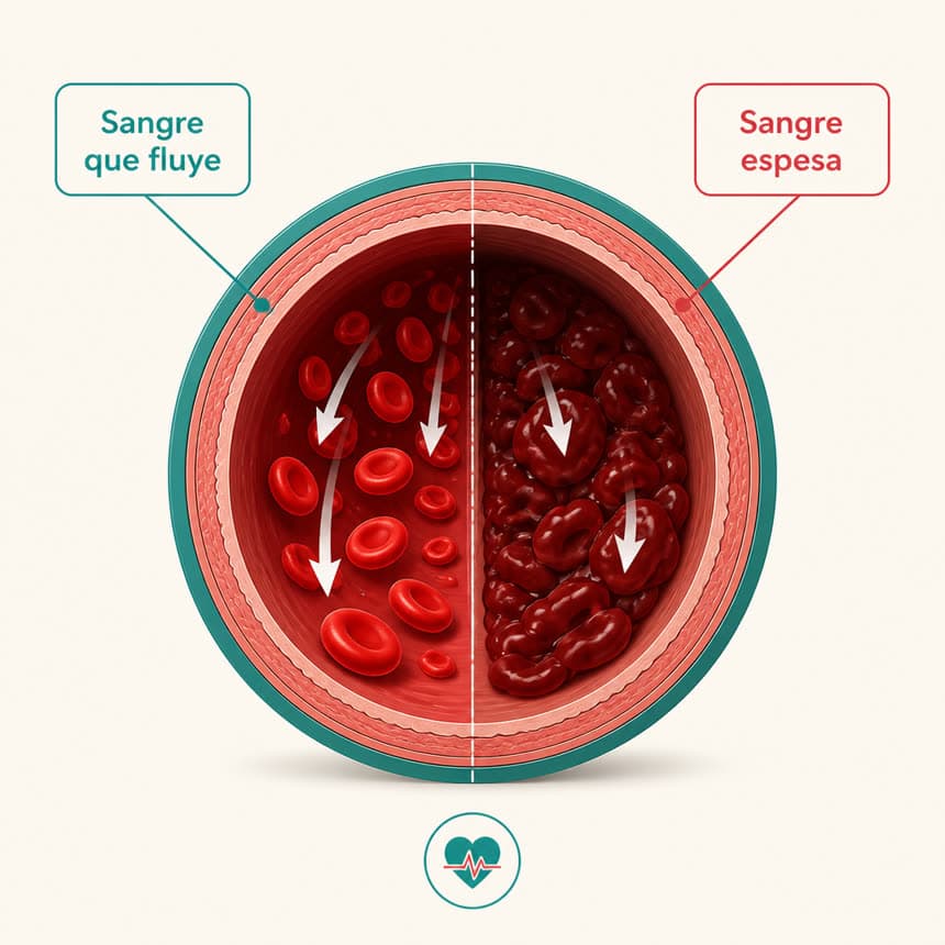 Ilustración médica: una arteria con sangre que fluye y sangre espesa