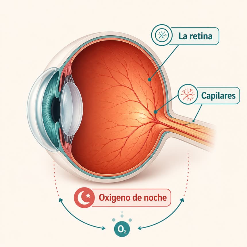 Ilustración del ojo: retina, capilares y oxígeno de noche
