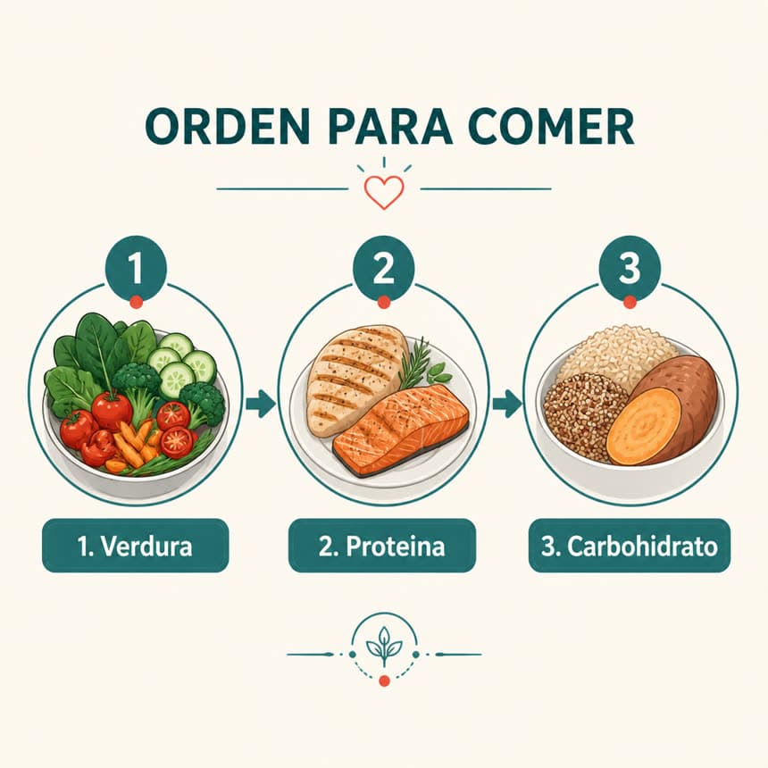 Infografía: orden para comer — verdura, proteína, carbohidrato